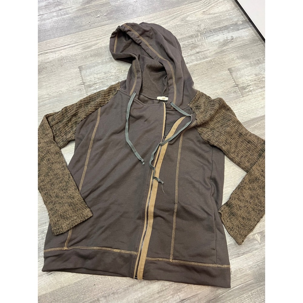 Mystree Womens Brown Mixed Media Knit Sleeve Zip Up Hoodie Sweatshirt Size M‎